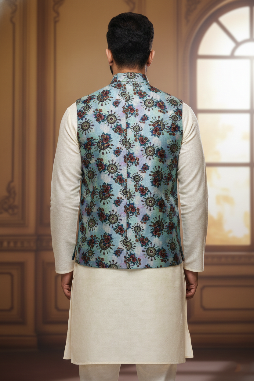 Men’s Teal Floral Nehru Jacket with Ivory Kurta Pajama