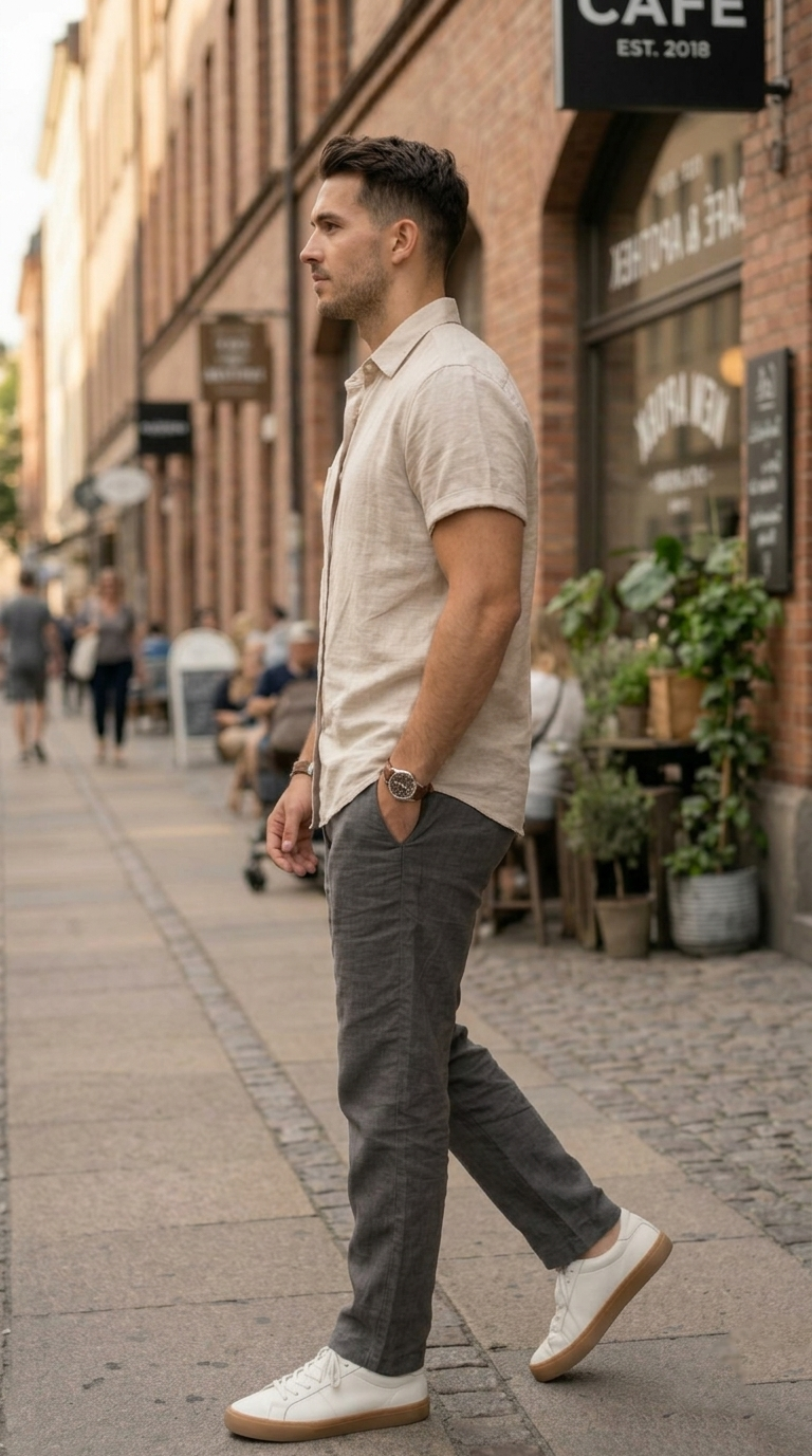 Men'sLight Beige Casual Short Sleeve Shirt