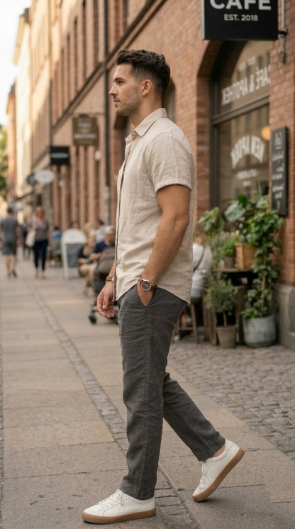 Men'sLight Beige Casual Short Sleeve Shirt
