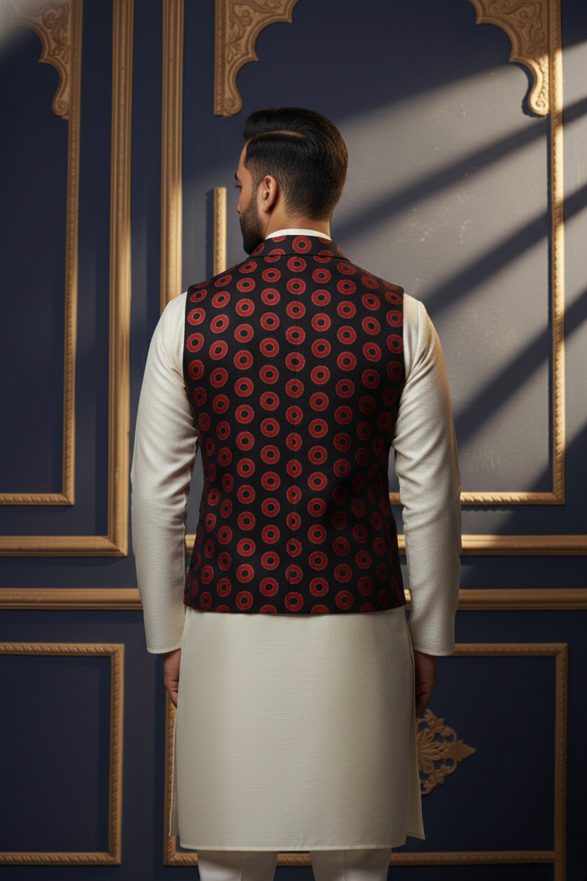 Men’s Slim-Fit Printed Waistcoat – Red & Black Geometric Circle Pattern