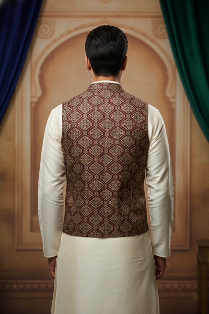 Men’s Light Red Jacquard Silk Waistcoat with Notch Lapel | Slim Fit Festive Vest