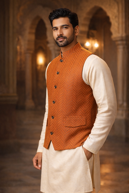 Men’s Rust Orange Chevron Nehru Jacket | Ethnic Wedding Festive Party Wear Mandarin Collar Sleeveless Waistcoat for Kurta & Indo-Western Outfit