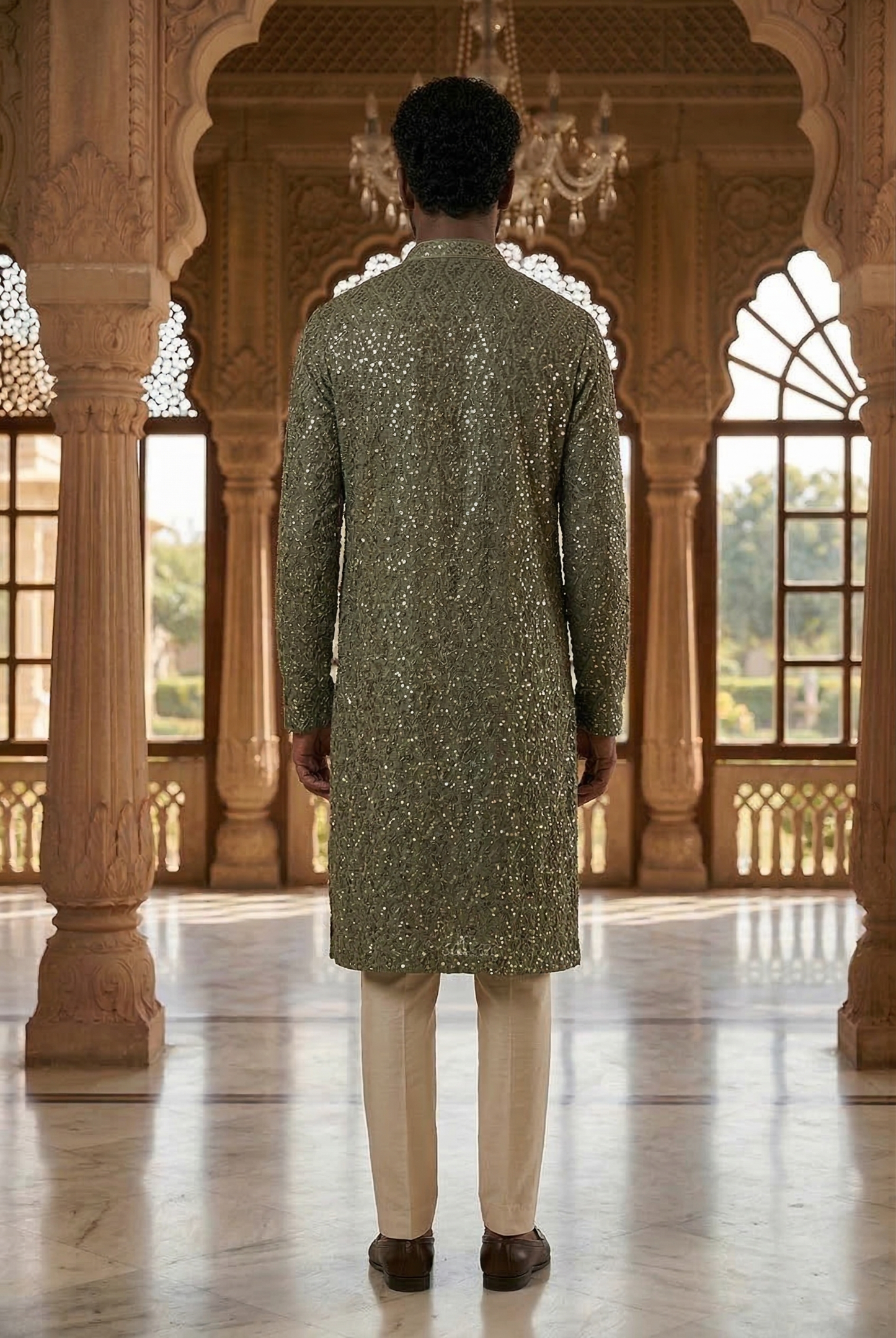 Men's Olive Mirror Work Designer Kurta Pajama with Stole