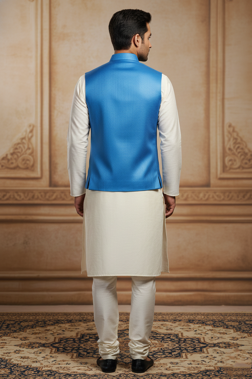 Men's Sky Blue Textured Nehru Jacket – Slim Fit Minimalist Ethnic Modi Waistcoat for Weddings & Festive Events
