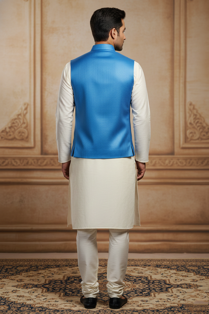 Men's Sky Blue Textured Nehru Jacket – Slim Fit Minimalist Ethnic Modi Waistcoat for Weddings & Festive Events