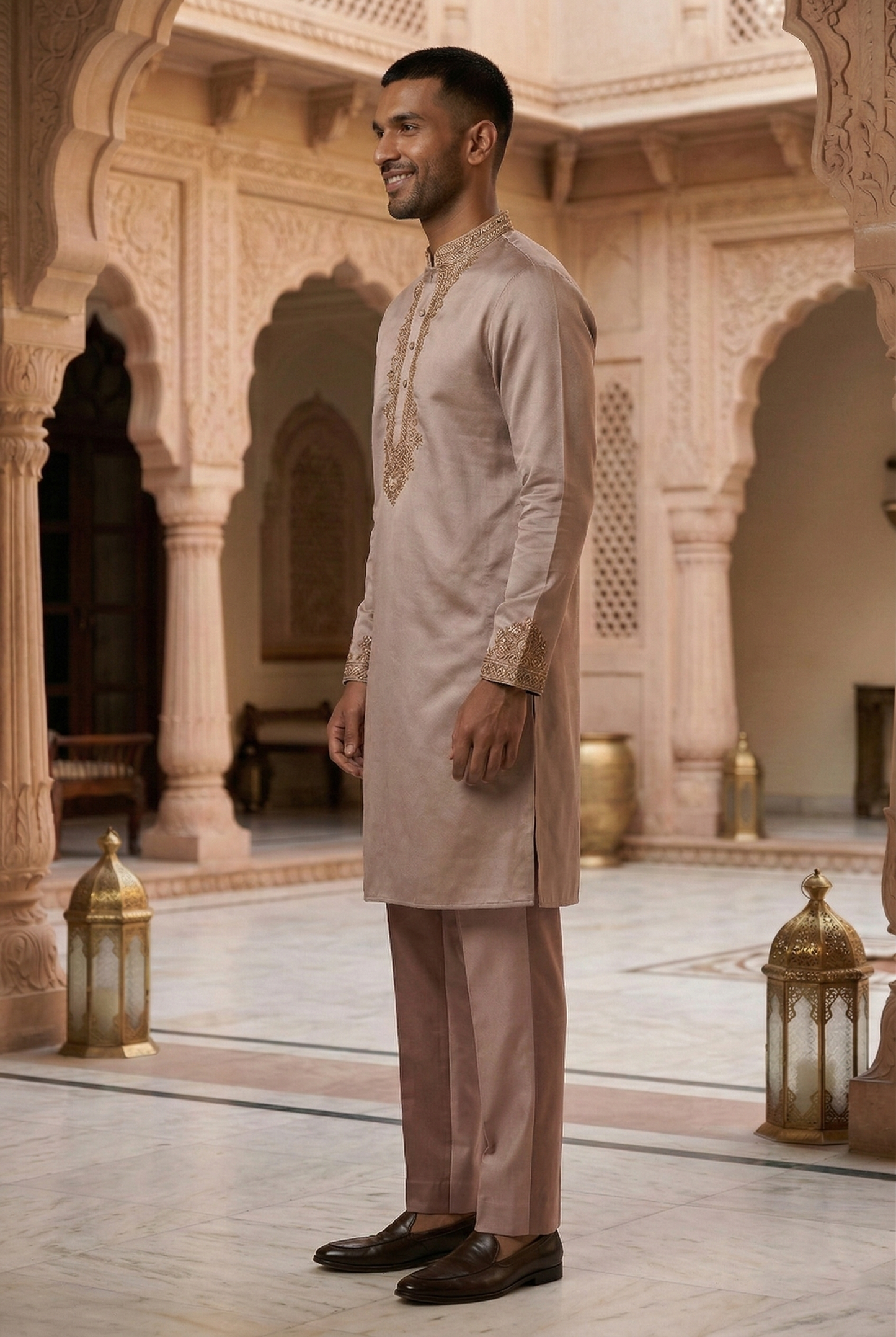 Men'sTaupe Silk Partywear Kurta Pajama Set
