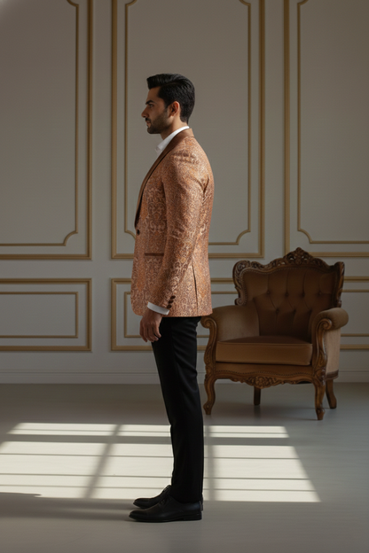 Men'sRose Gold Paisley Jacquard Tuxedo Blazer with Satin Shawl Lapel