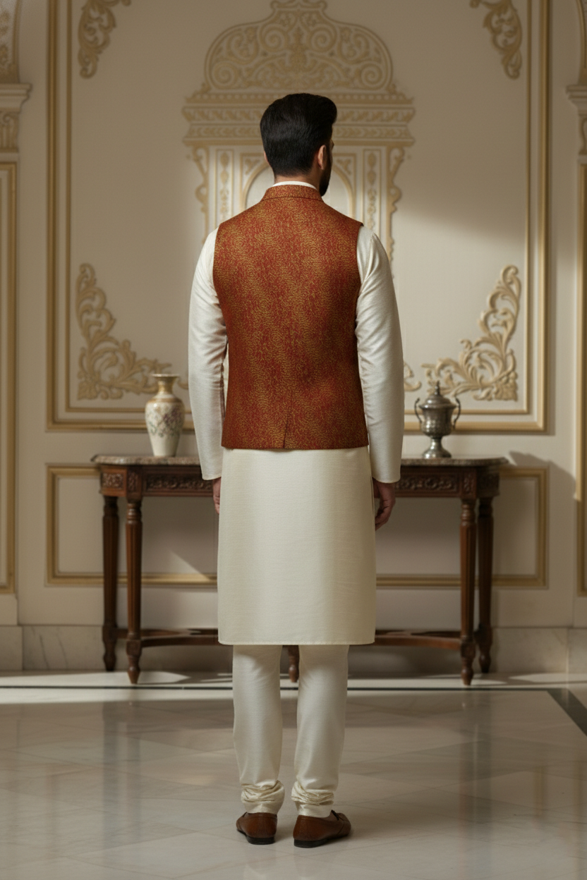 Men's Rust & Gold Brocade Waistcoat with Cream  Kurta Set