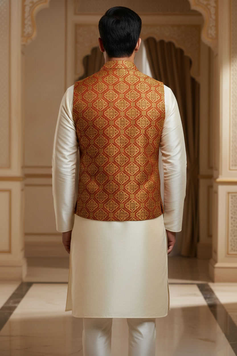 Men’s Red & Yellow Jacquard Silk Waistcoat with Notch Lapel | Slim Fit Festive Vest