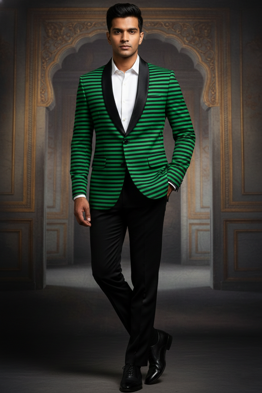 Green & Black Striped Shawl Blazer