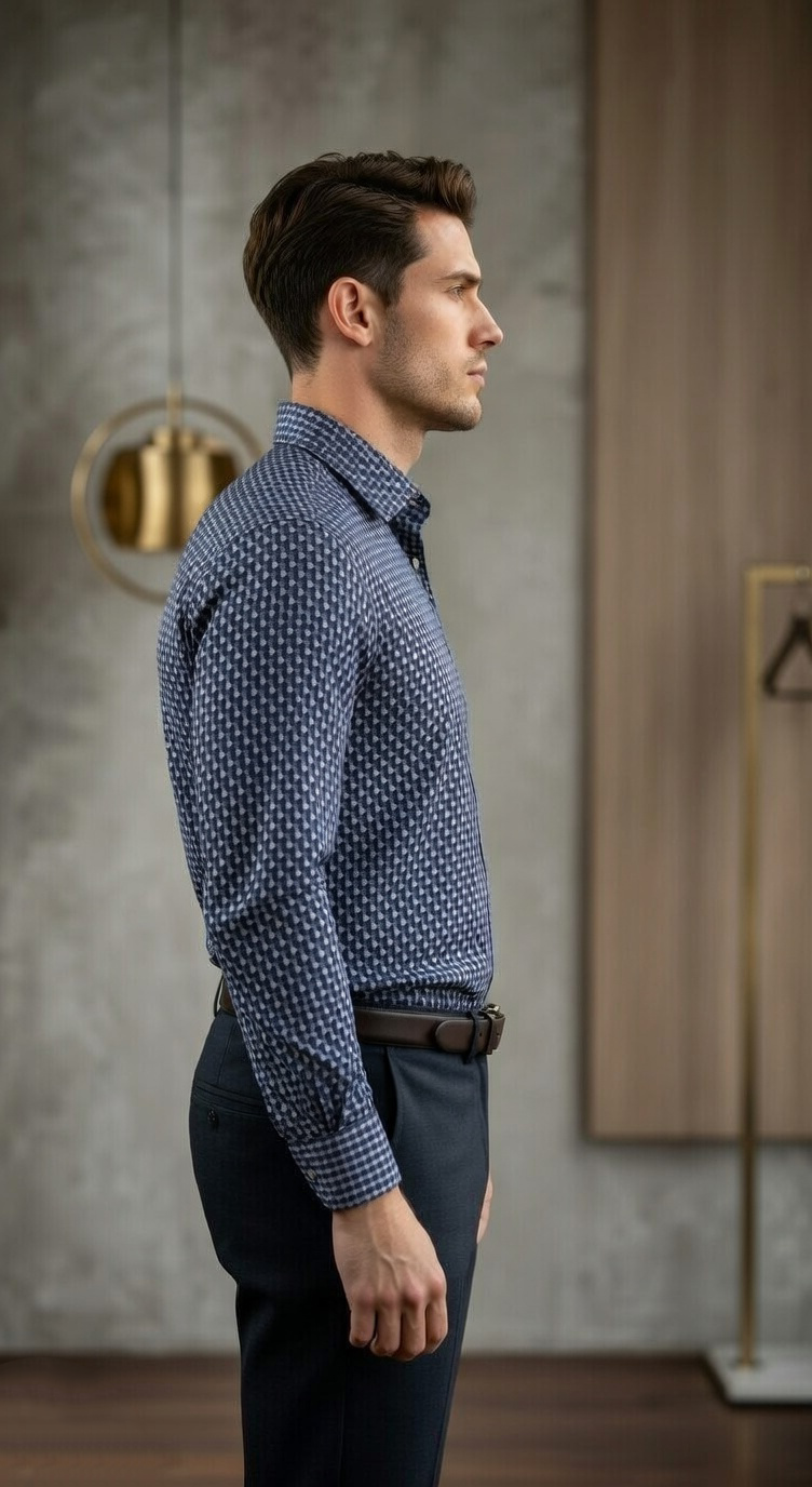 Designer Men'sSlim-Fit Micro-Hounds tooth Dress Shirt , Charcoal & Navy Geometric Print
