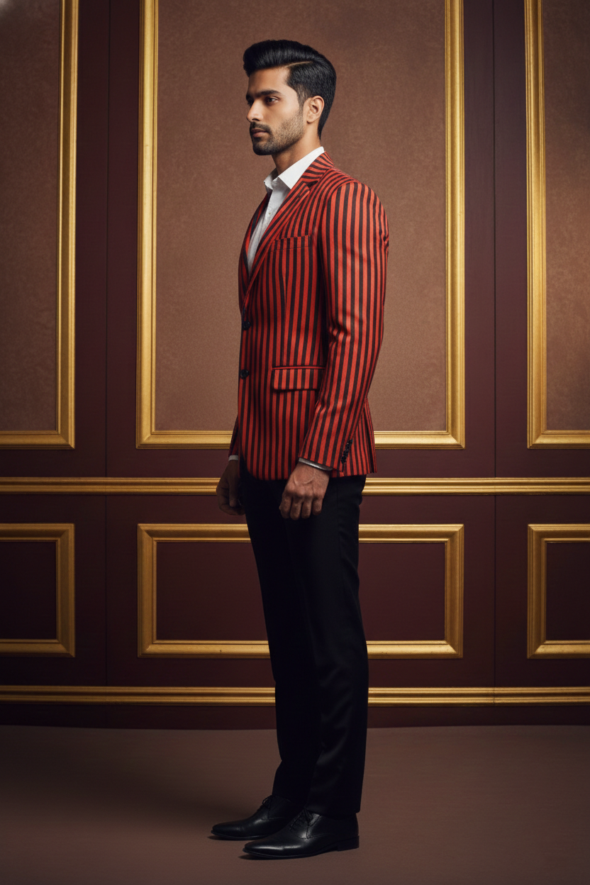 Red & Black Striped Two-Button Blazer