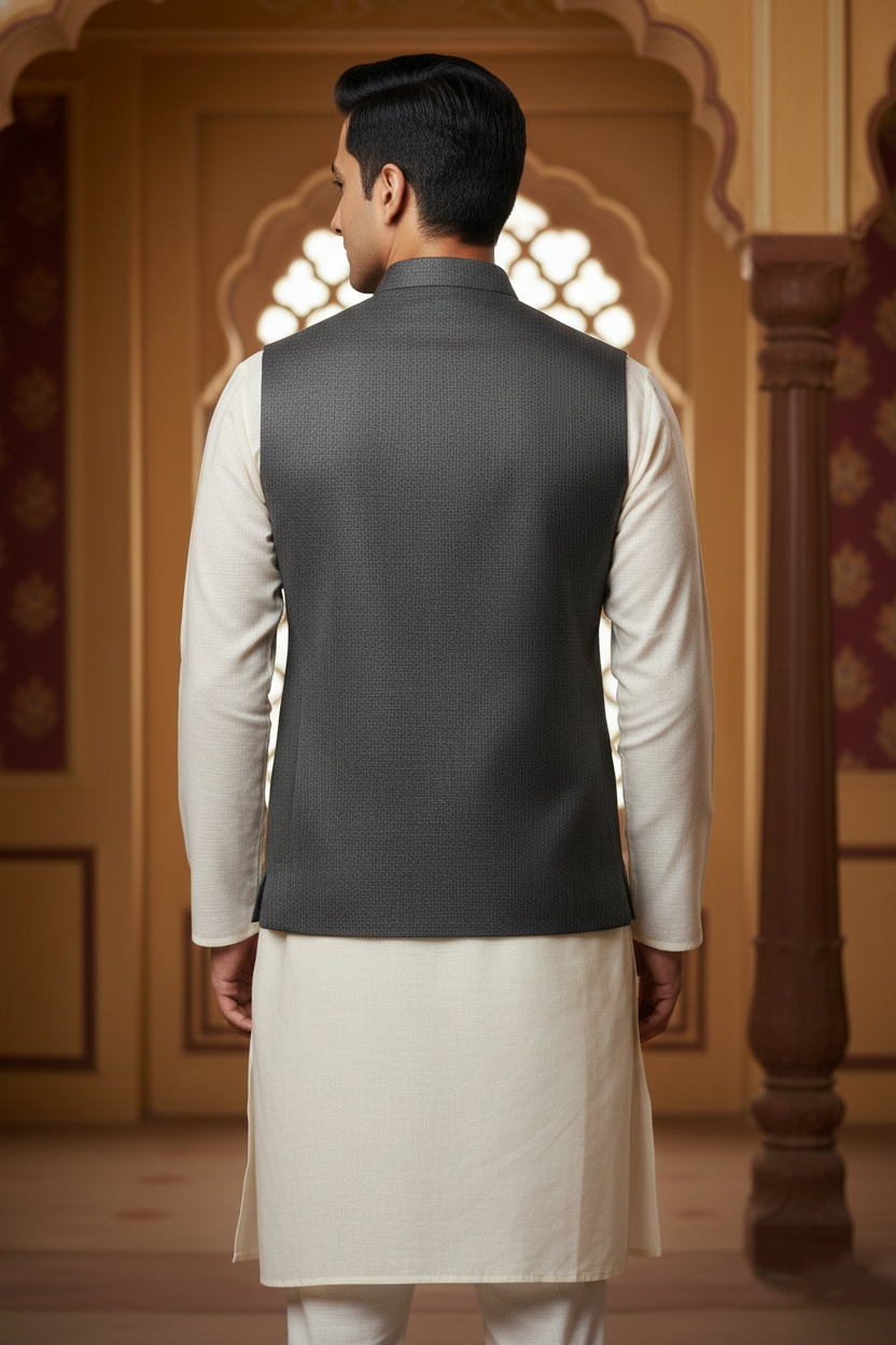 Men’s Light Grey Nehru Jacket | Solid Ethnic Waistcoat with Mandarin Collar
