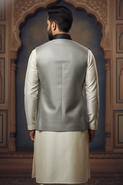 Men’s Grey Asymmetric Nehru Jacket with Ivory Kurta