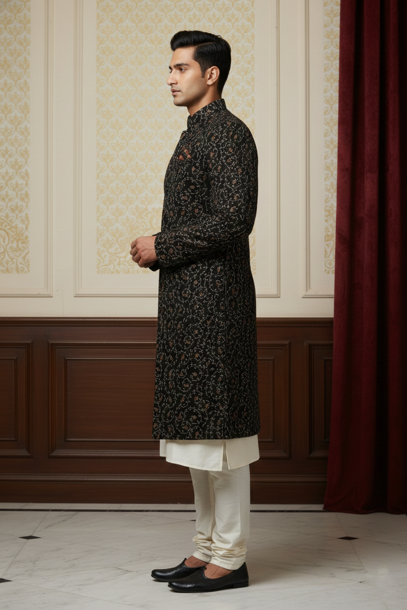 Black Sherwani with Floral Embroidery