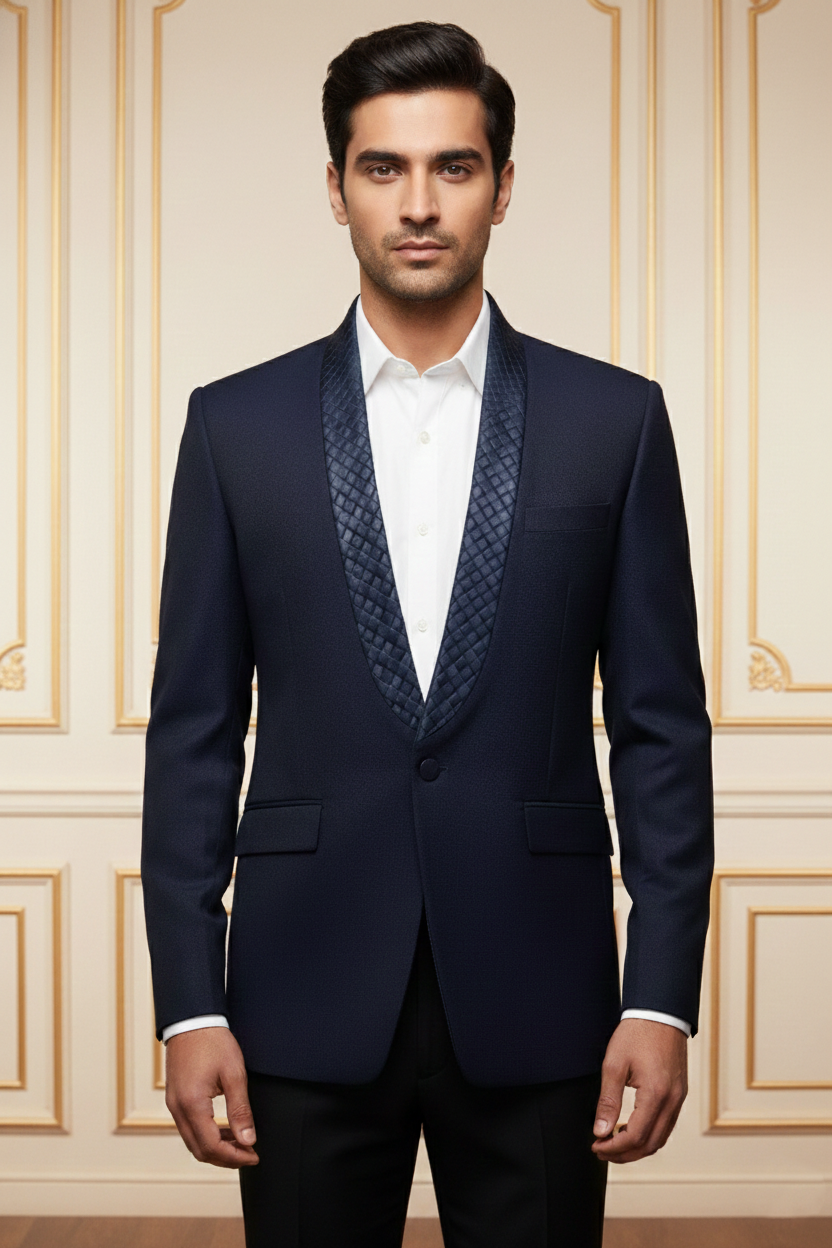 Men'sNavy Blue Quilted Shawl Lapel Blazer