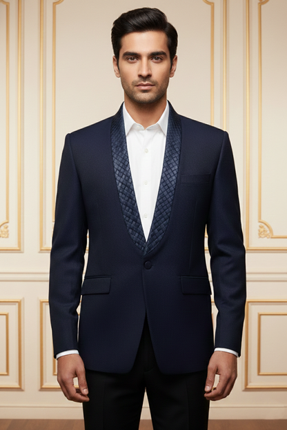 Men'sNavy Blue Quilted Shawl Lapel Blazer