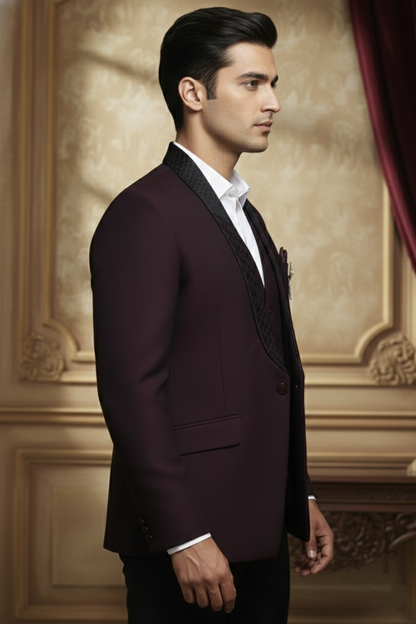 Deep Maroon Ceremonial Suit with Intricate Detailing