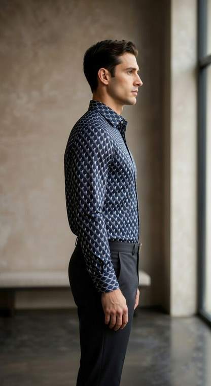 Designer Men'sGeometric Hexagon Print Shirt , Navy & Slate 3D Optical Motif