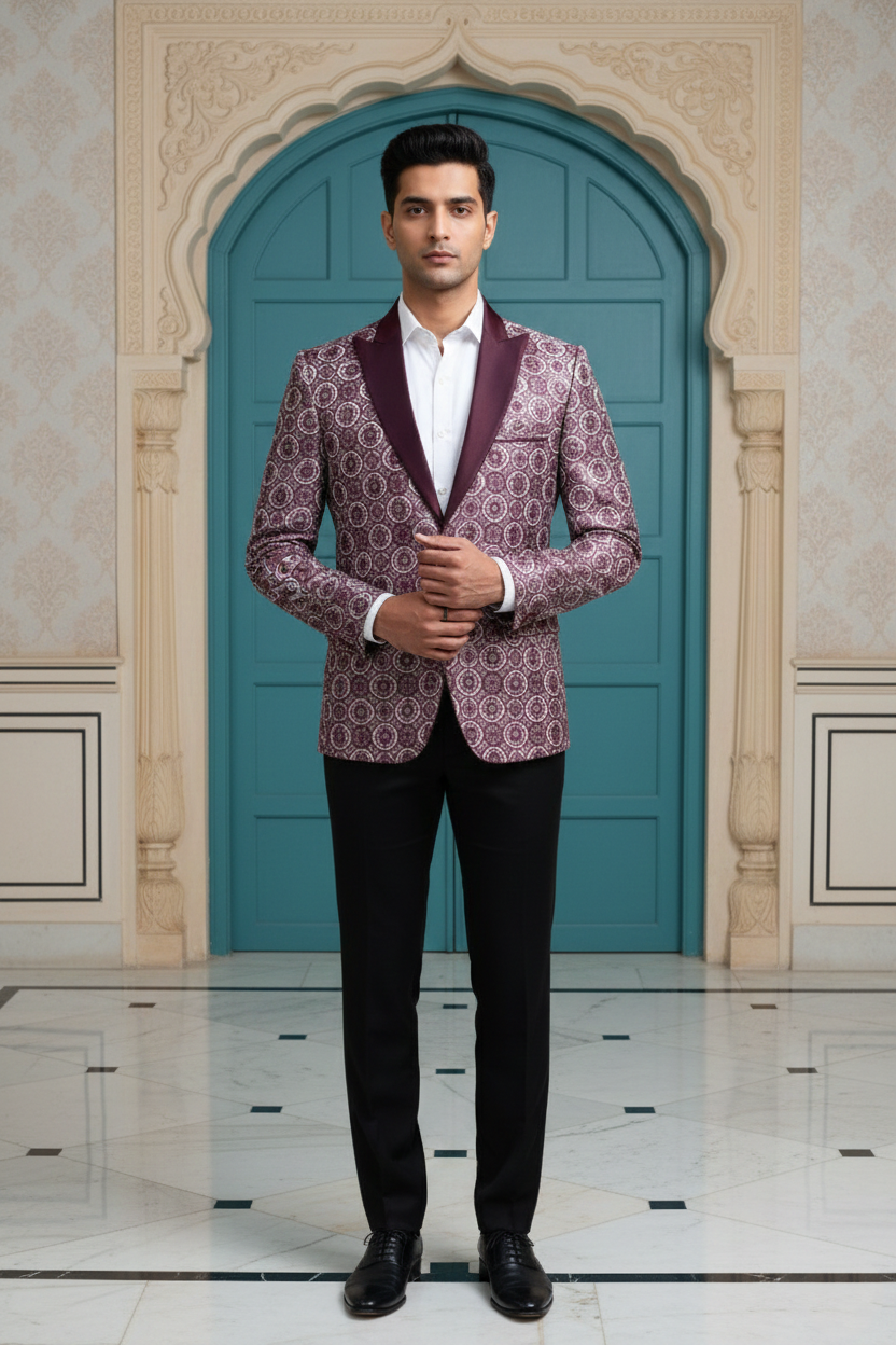 Men'sPremium Wine Geometric Jacquard Tuxedo Blazer with Satin Peak Lapels