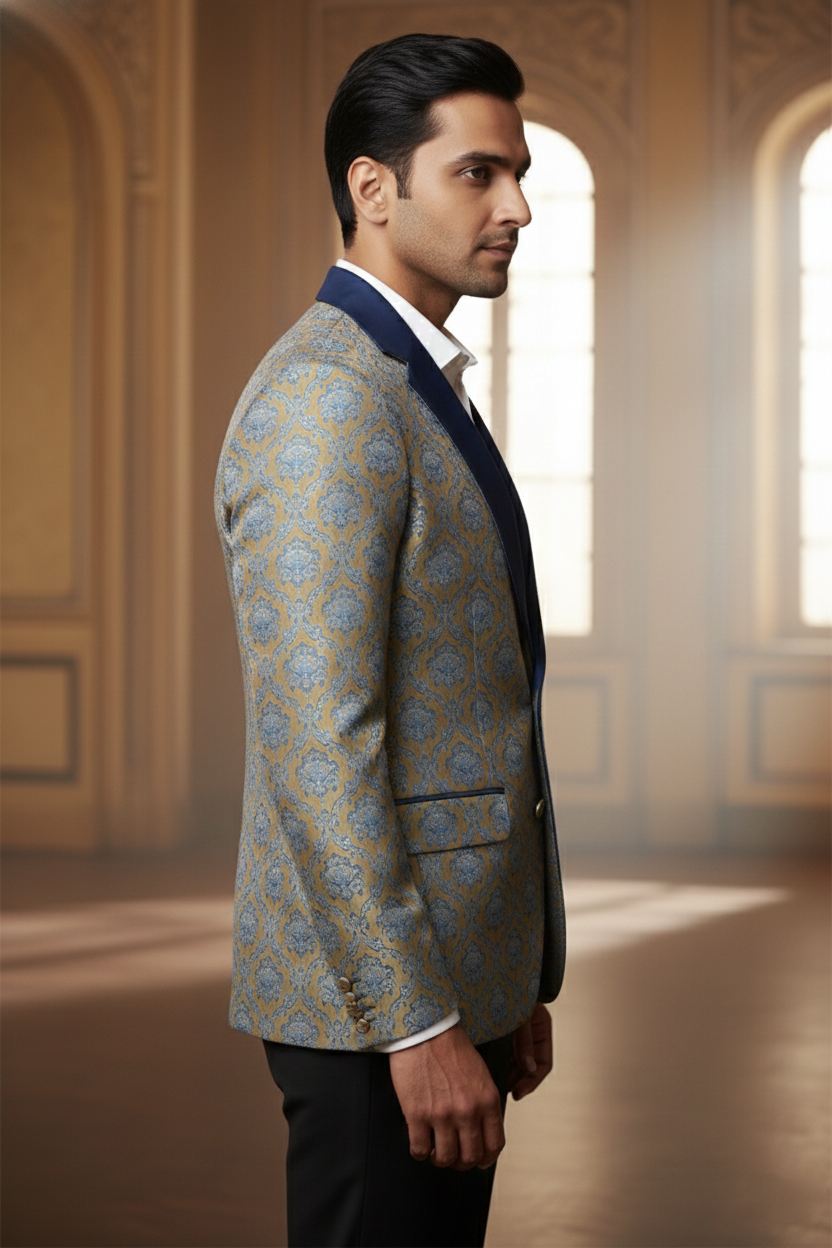 Gold & Light Blue Brocade Blazer with Satin Lapels