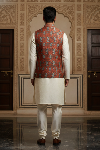 Men’s Rust Orange Printed Nehru Jacket | Ethnic Patterned Mandarin Collar Waistcoat for Festive & Wedding Wear