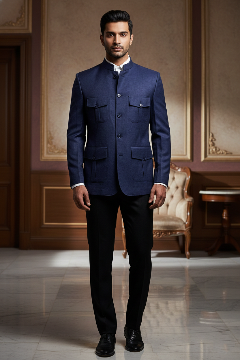 Men'sPremium Navy Blue Bandhgala Safari Jacket , Slim-Fit Ethnic Jodhpuri Blazer with Cargo Pockets