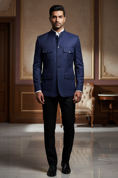Men'sPremium Navy Blue Bandhgala Safari Jacket , Slim-Fit Ethnic Jodhpuri Blazer with Cargo Pockets