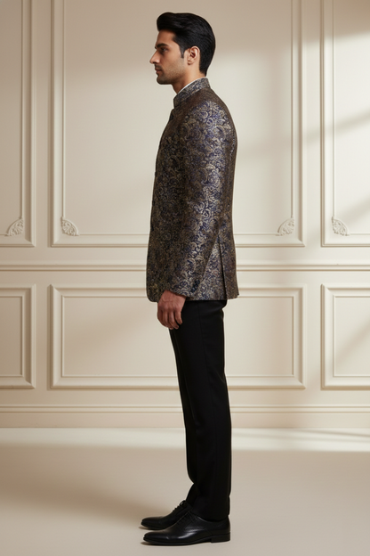 Men'sPremium Navy Blue & Gold Silk Jacquard Jodhpuri Suit