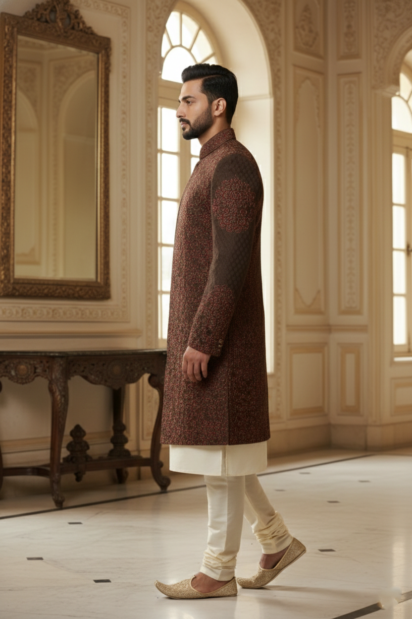 Maroon Embroidered Sherwani Ensemble