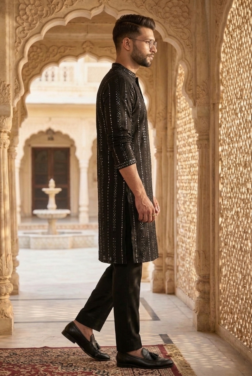 Men'sMidnight Black Sequin Partywear Kurta Pajama