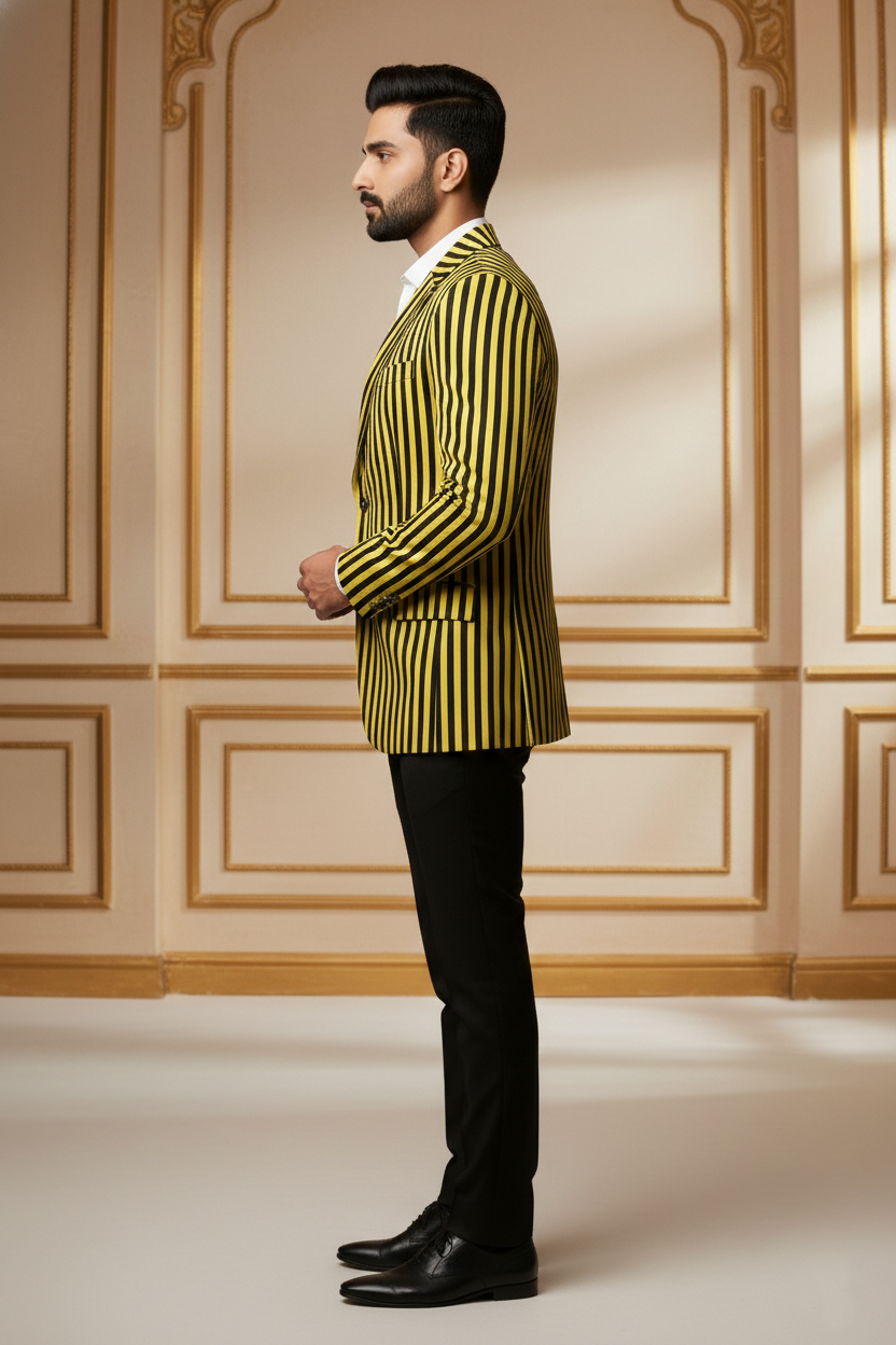 Men's Slim Fit Yellow and Black Vertical Striped Blazer , Modern Statement Sport Coat