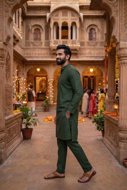 Men's Olive Green Cotton Linen Plain Kurta Pajama Set