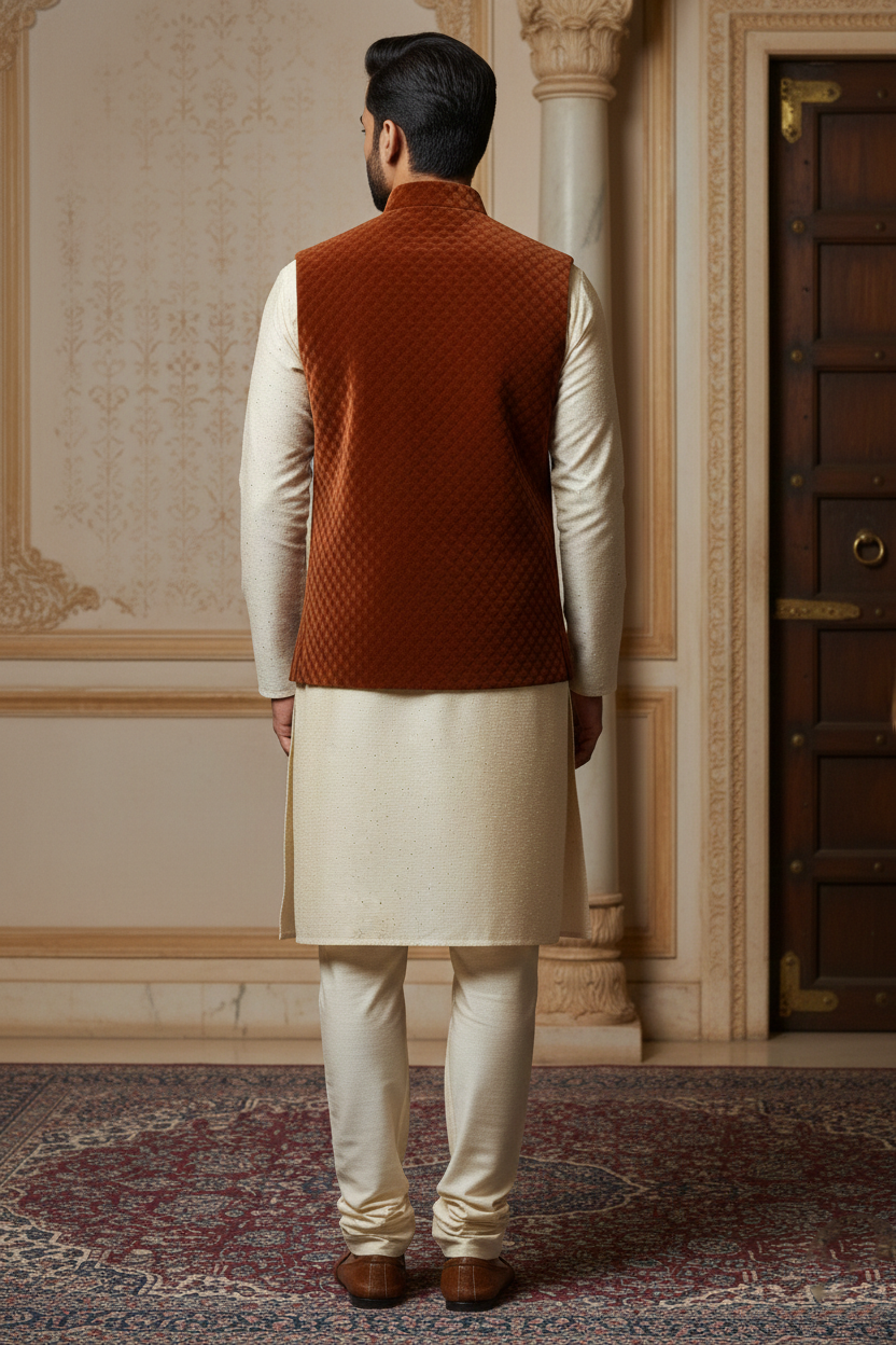 Men’s Rust Orange Quilted Velvet Nehru Jacket