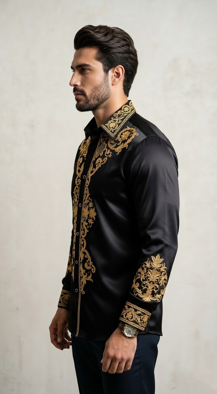 Men'sDesigner Slim-Fit Baroque Embroidered Silk-Sateen Shirt , Black & Royal Gold