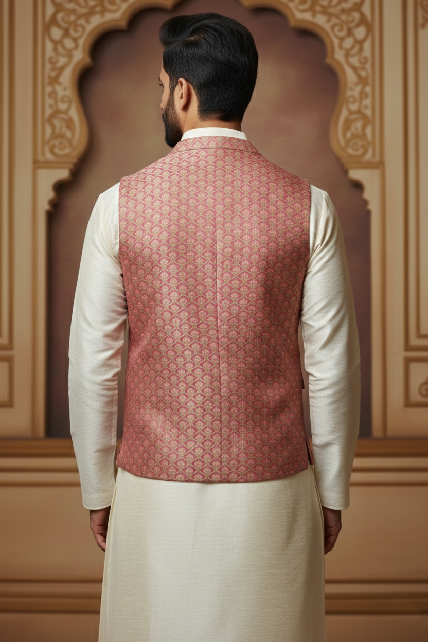 Men’s Pink Jacquard Waistcoat & Cream  Kurta Set