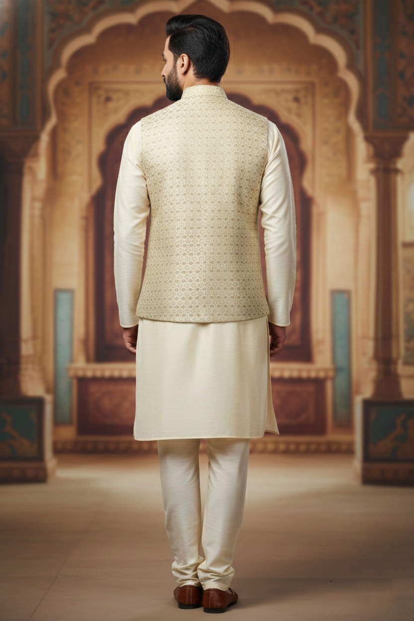 Beige Patterned Nehru Jacket with Pocket Square &  Cream Kurta Set