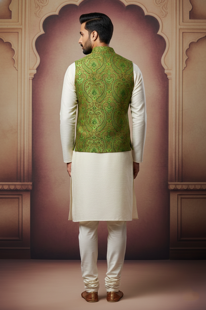 Men’s Green Nehru Jacket with Embroidery Work | Ethnic Waistcoat for Wedding, Festive & Party Wear | Sleeveless Modi Jacket