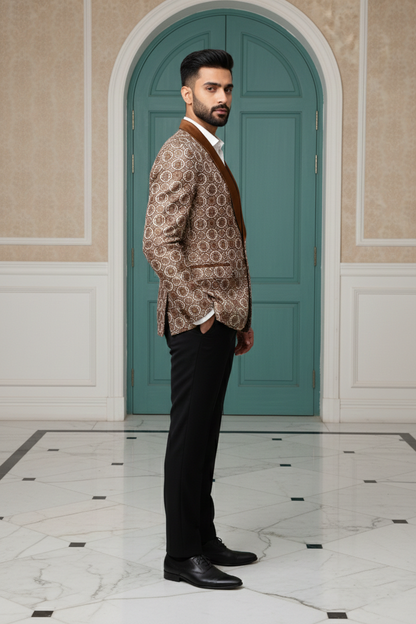 Copper Geometric Silk Jacquard Tuxedo Blazer with Bronze Satin Shawl Lapel