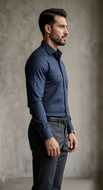 Designer Men'sNavy Medallion Print Dress Shirt , Slim Fit Geometric Floral