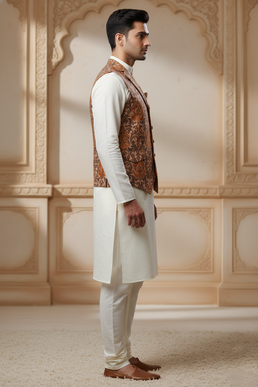 Men's Tan & Brown Damask Brocade Nehru Jacket – V-Neck Lapel Wedding Waistcoat | Ethnic Party Wear Modi Jacket