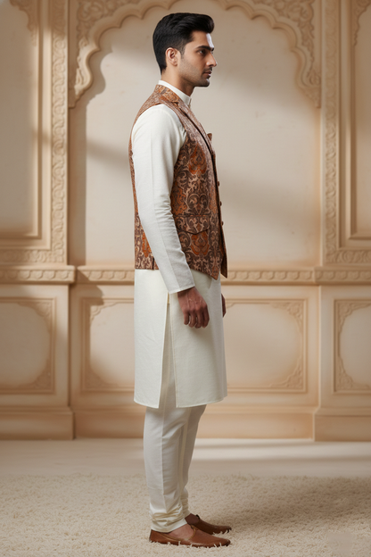 Men's Tan & Brown Damask Brocade Nehru Jacket – V-Neck Lapel Wedding Waistcoat | Ethnic Party Wear Modi Jacket
