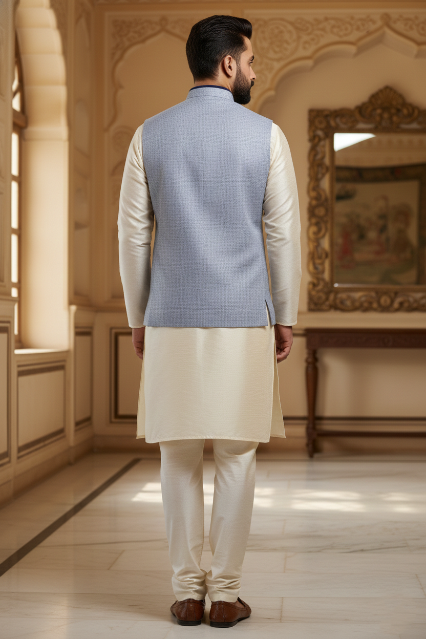 Men's Powder Blue Melange Nehru Jacket – Designer Contrast Trim Waistcoat | Ethnic Modi Jacket for Weddings & Receptions