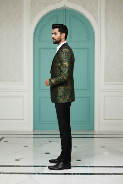Men's Emerald Green & Gold Floral Jacquard Tuxedo Blazer , Premium Slim Fit Party Wear Dinner Jacket