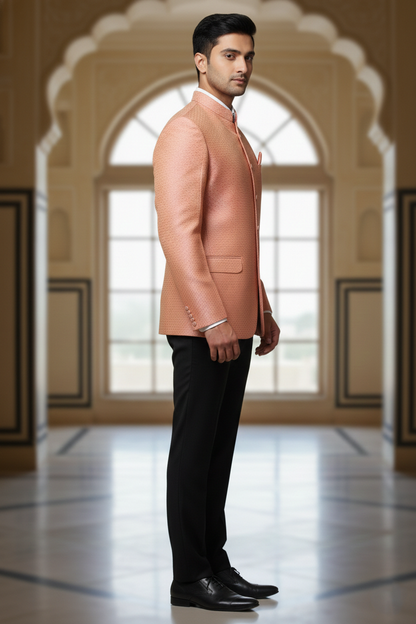 Men's Peach Textured Silk Jodhpuri Blazer