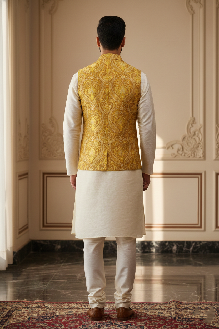 Men's Luxury Mustard Yellow Paisley Jacquard Nehru Jacket – Modern Notched Lapel Ethnic Waistcoat for Weddings and Festivals