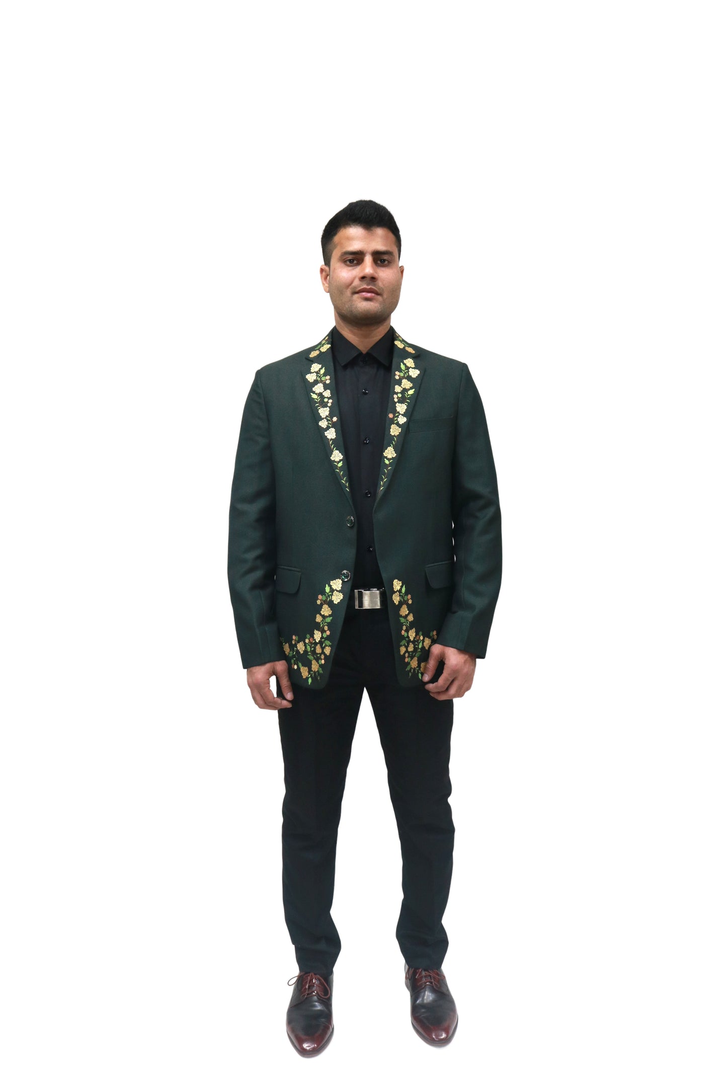 Hand Embroidered Bottle green colour Terry rayon blended blazer, made with high quality Terry rayon blended fabric and hand embroidered