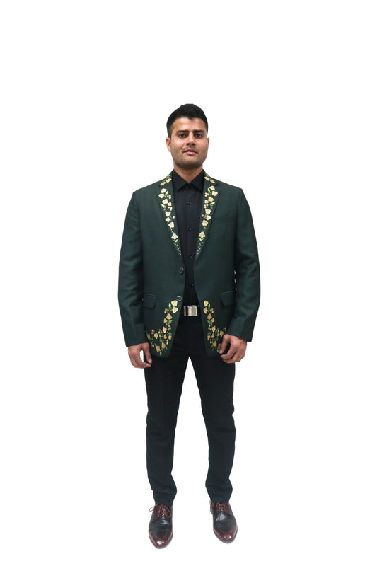 Hand Embroidered Bottle green colour Terry rayon blended blazer, made with high quality Terry rayon blended fabric and hand embroidered