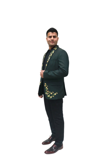 Hand Embroidered Bottle green colour Terry rayon blended blazer, made with high quality Terry rayon blended fabric and hand embroidered