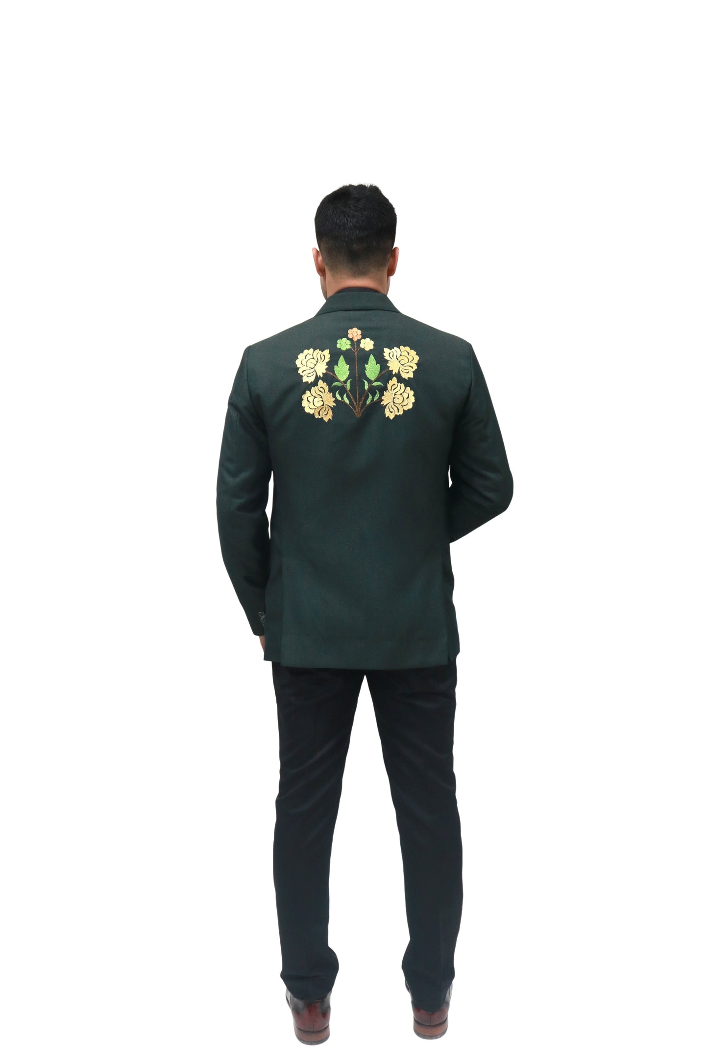 Hand Embroidered Bottle green colour Terry rayon blended blazer, made with high quality Terry rayon blended fabric and hand embroidered